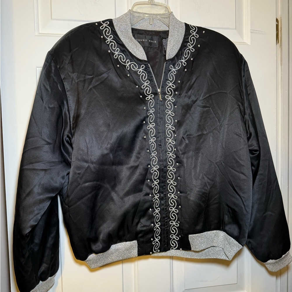 August Silk Black Bomber Jacket Metallic Silver Embroidery Pearls Small Classic